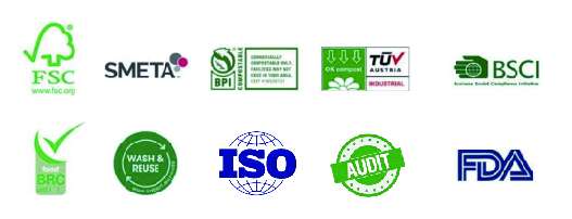 Compliance certificates including FSC, OK Compost, BRC, ISO, DIN, FDA, SMETA, TUV